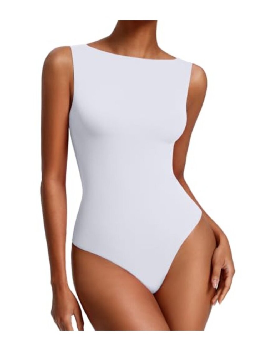 Boat Neck Bodysuit Double Lined Seamless Thong Back Snap Crotch Tank Top